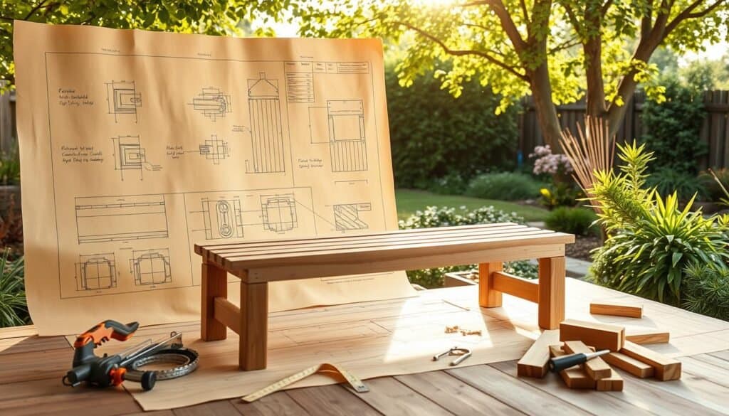 A detailed outdoor wood bench plan displayed against a soft-lit backdrop, showcasing technical drawings on aged parchment paper with wooden texture. In the foreground, a beautifully crafted wooden bench, elegantly designed and partially assembled, is positioned to highlight its lines and structure. The middle layer features tools like a saw, measuring tape, and wood pieces neatly arranged around the bench, emphasizing the craftsmanship involved. In the background, a serene garden setting with lush greenery and gentle sunlight filtering through tree branches creates an inviting atmosphere. The image is bright and airy, with soft natural light illuminating the workspace, conveying a sense of creativity and inspiration in woodworking.