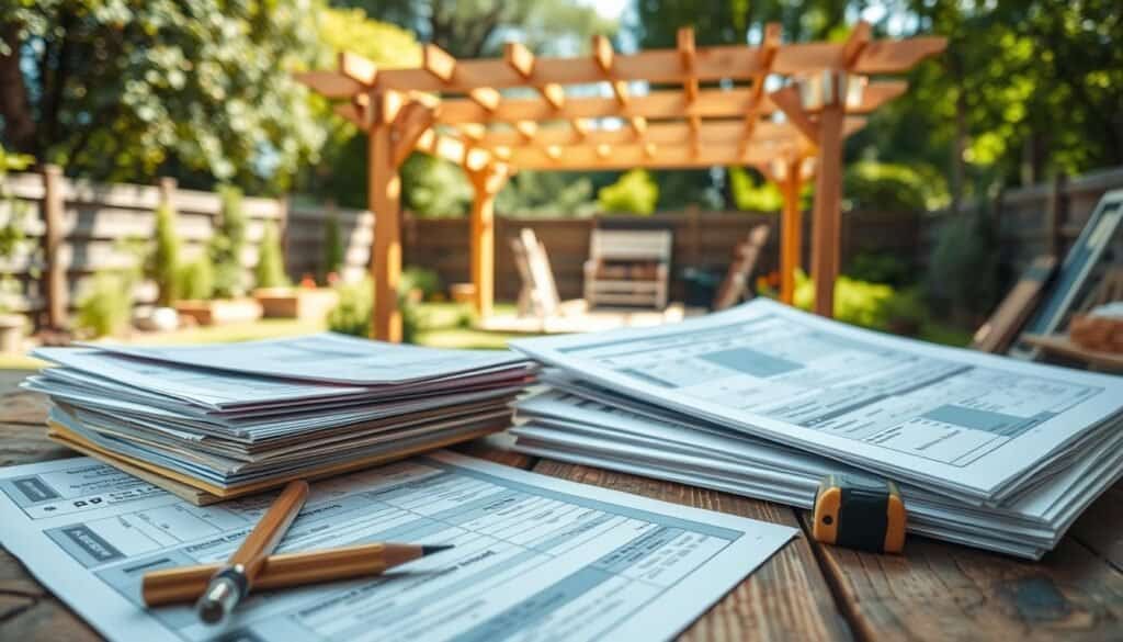A detailed scene showcasing permits for pergola construction laid out on a rustic wooden table in a backyard setting. In the foreground, several colorful permit documents are stacked, with a pencil and a tape measure beside them, conveying a sense of planning. In the middle ground, a partially constructed wooden pergola is visible under bright, natural light, surrounded by greenery, showing construction materials like lumber and tools. The background features a well-maintained garden with soft sunlight filtering through trees, creating an airy and inviting atmosphere. The scene is framed at a slight angle to capture both the permits and the pergola, enhancing the depth. The overall mood is professional yet relaxed, reflecting the thoughtful preparation required for backyard projects.