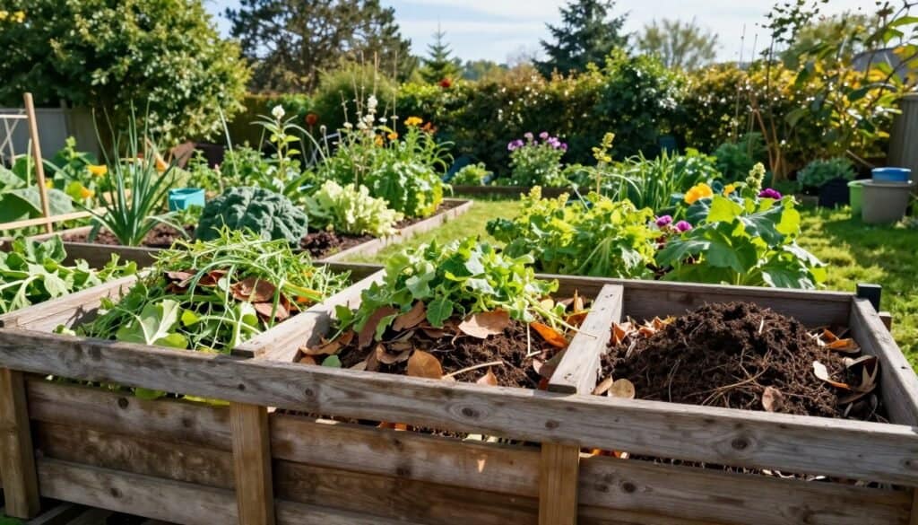 A detailed view of a three-bin composting system in a lush backyard garden. In the foreground, the compost bins are made of weathered wooden slats, each filled with layers of vibrant green plant waste, brown leaves, and rich dark soil, showcasing the composting process. The middle area features a small garden with flourishing vegetables and flowers, benefiting from the compost. In the background, there are tall trees and a clear blue sky, with soft, natural sunlight illuminating the scene, creating a warm, inviting atmosphere. The image captures a tranquil, eco-friendly setting, emphasizing sustainability and gardening, photographed from a slightly elevated angle to provide depth and perspective.