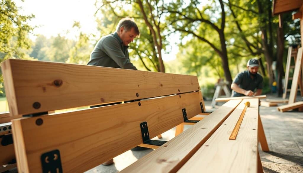 A detailed wooden bench under construction in a well-lit outdoor workshop. In the foreground, a partially assembled bench with sanded wooden planks and metal brackets is visible, showcasing tools like a saw, measuring tape, and wood glue. The middle ground features a skilled woodworker, dressed in modest, casual clothing, focused on fitting the pieces together, demonstrating careful craftsmanship. The background reveals a bright natural landscape, filled with trees and greenery, enhancing the outdoor ambiance. Soft sunlight filters through the leaves, creating a warm and inviting atmosphere. The composition is shot from a low angle, emphasizing the bench's structure and the artisan's skill, capturing the essence of woodworking and project complexity.