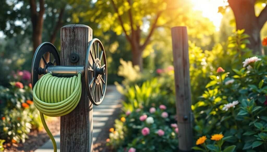 A functional hose reel mounted on a rustic wooden post in a lush garden setting. In the foreground, the hose reel is detailed with bright green garden hose coiled neatly, showcasing a sturdy metal handle for easy operation. The middle ground features the wooden post, weathered yet charming, surrounded by vibrant flowers and foliage that enhance the natural ambiance. In the background, soft sunlight filters through the leaves of nearby trees, creating a warm and inviting atmosphere. The focus should be sharp on the hose reel and post, with a gentle bokeh effect on the background plants. Capture the essence of a serene garden path, emphasizing practicality and beauty in outdoor design.