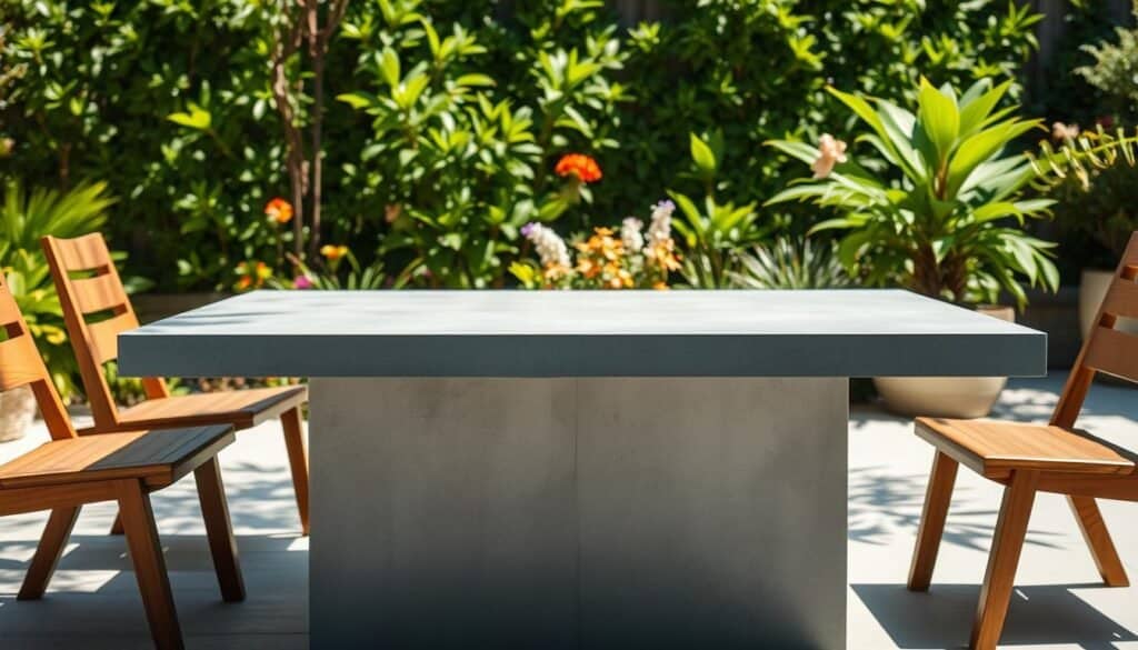 A modern concrete table, showcasing clean lines and a minimalist design, is placed in a lush backyard seating area. The table features smooth, gray surfaces with a sleek rectangular shape, surrounded by elegant wooden chairs that complement its contemporary style. In the background, vibrant green plants and flowers add a touch of color and life to the setting. Bright natural light filters through the leaves, casting soft shadows on the ground. The scene is captured from a slightly elevated angle, emphasizing the table’s sturdy construction and inviting atmosphere. The overall mood is relaxed and inviting, perfect for outdoor gatherings and DIY garden projects.