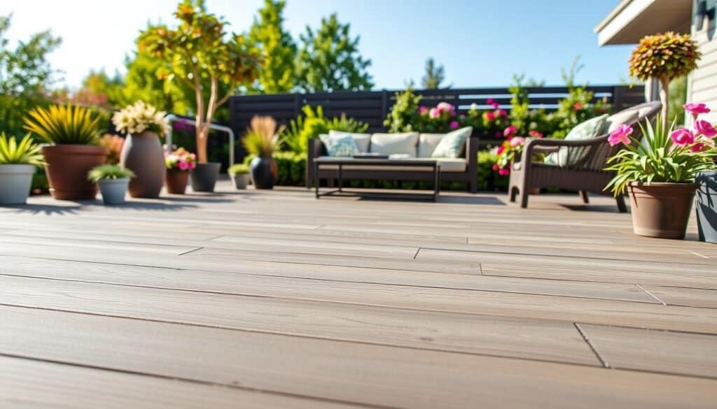 A modern, maintenance-free backyard deck showcasing innovative design ideas. In the foreground, a sleek, composite decking material with a textured finish, surrounded by potted plants and decorative outdoor furniture. In the middle ground, a stylish outdoor seating area featuring a comfortable sectional with weather-resistant cushions and a minimalist coffee table. In the background, a vibrant garden with lush greenery and colorful blooms, complemented by a clear blue sky under soft, natural sunlight. The scene conveys a relaxed, inviting atmosphere, perfect for leisurely afternoons. The image is taken from a slightly elevated angle to provide depth, showcasing the deck's functionality and aesthetic appeal, with an emphasis on clean lines and a cohesive design.