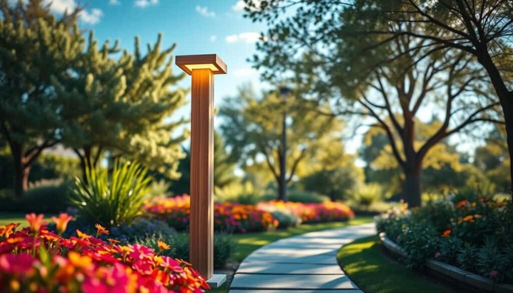 A modern, minimalist wooden lamppost stands elegantly in a beautifully landscaped garden, showcasing a sleek and simple design. The lamppost features a natural wood finish with clean lines and a softly glowing LED light at the top. In the foreground, vibrant flower beds with colorful blooms complement the lamppost, while the middle ground highlights a smooth stone pathway leading to the post. The background reveals gently swaying trees under a bright blue sky with soft, dappled sunlight filtering through the leaves. The atmosphere is tranquil and inviting, evoking a sense of serenity and warmth, ideal for enhancing outdoor spaces. The image is captured with a shallow depth of field to create a soft, dreamlike effect.