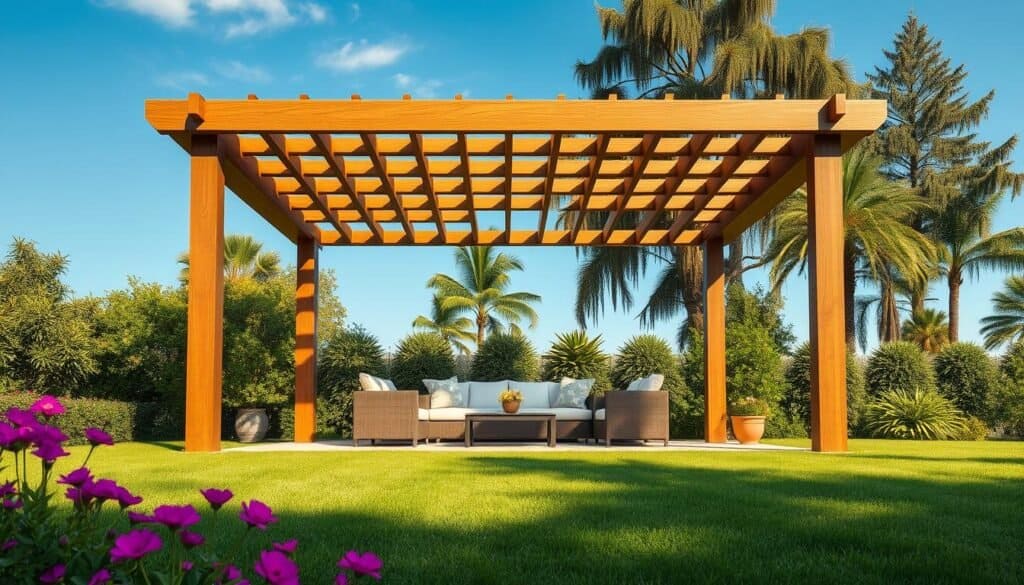 A modern pergola gazebo nestled in a tranquil backyard, showcasing a sleek, minimalist wooden structure with open slats allowing sunlight to filter through. The foreground features a well-manicured lawn with vibrant flowers and lush greenery. In the middle, the gazebo is adorned with comfortable outdoor furniture, a small coffee table, and stylish cushions, inviting relaxation. The background features tall trees swaying gently in the breeze under a clear blue sky. The lighting emphasizes a soft, warm glow, capturing the essence of a sunny afternoon. The scene conveys a peaceful and inviting atmosphere, perfect for gatherings or quiet moments of reflection, with realistic textures and details that highlight quality craftsmanship.