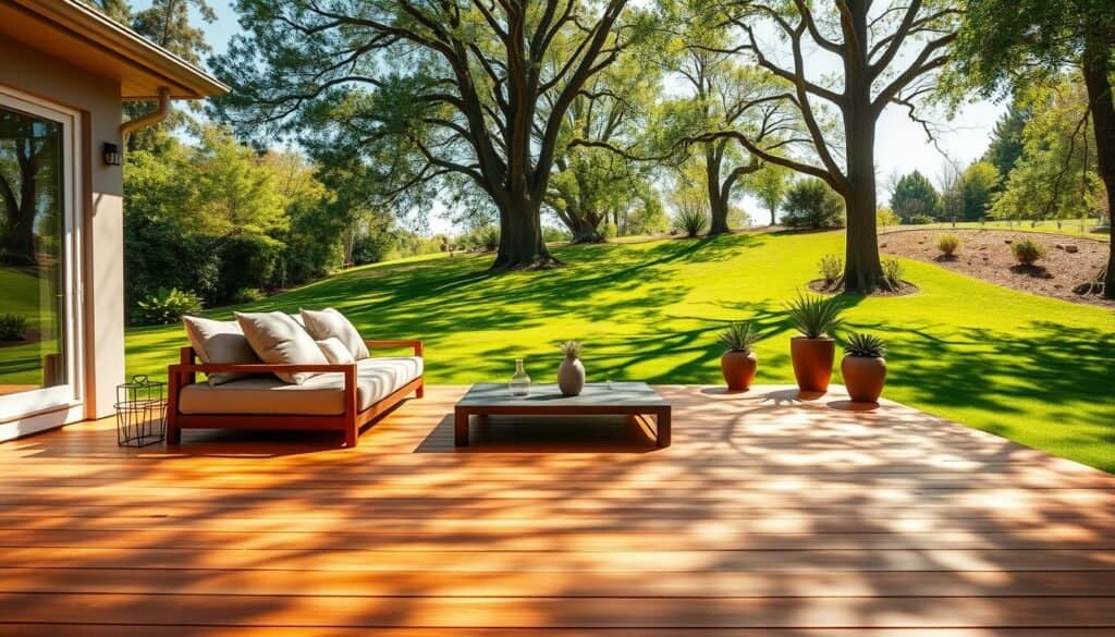 A picturesque wooden deck platform set in a serene backyard, designed for cozy lounging. In the foreground, a smooth, polished wooden deck with rich, warm tones, featuring comfortable outdoor cushions and an elegant, minimalist coffee table. In the middle ground, lush green grass and decorative potted plants enhance the inviting atmosphere. The background showcases a gentle slope with tall trees and soft, leafy branches, allowing dappled sunlight to filter through, creating a peaceful ambiance. The scene is illuminated by bright natural light, capturing the warmth of a sunny day. A wide-angle perspective emphasizes the spaciousness of the deck, inviting viewers to imagine relaxation and tranquility in this outdoor retreat. The mood is calm, inviting, and perfect for backyard gatherings.