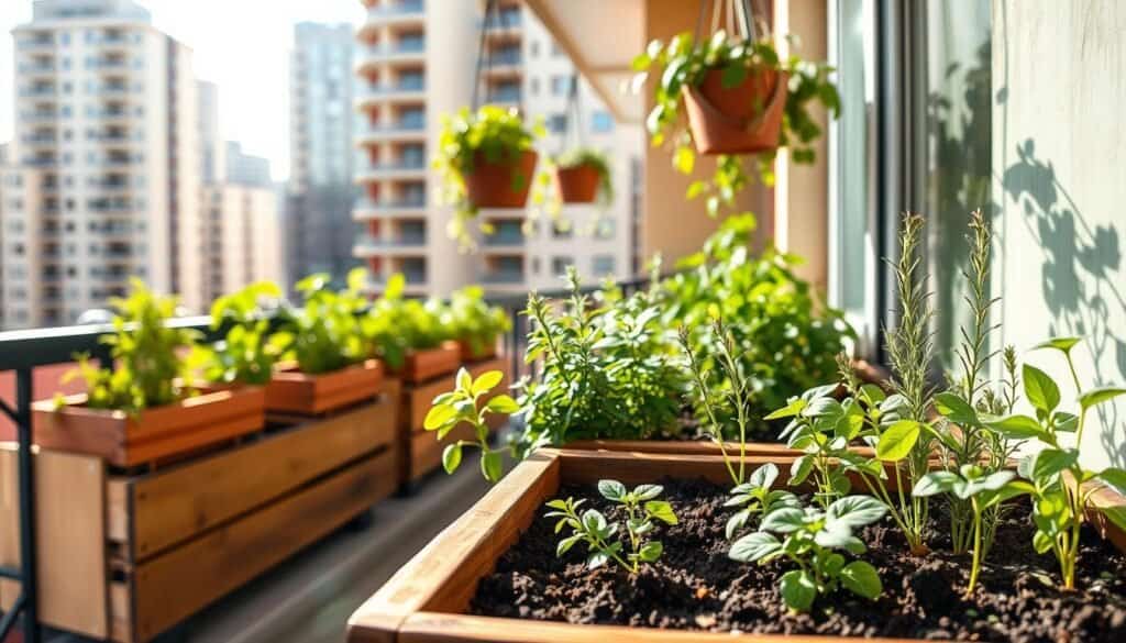 A quaint apartment balcony adorned with a charming herb garden, showcasing raised planter boxes brimming with vibrant greenery. In the foreground, a variety of herbs like basil, mint, and rosemary thrive in rustic wooden boxes, each with soil visibly rich and healthy. The middle ground features hanging planters with trailing plants, adding depth and charm. The background captures a sunlit cityscape, with high-rise buildings softly blurred to keep the focus on the garden. The scene is bathed in bright natural light, creating a warm and inviting atmosphere, inviting viewers to imagine the satisfying experience of home gardening in a cozy urban setting. The angle is slightly tilted down, capturing the herbs in detail against the serene backdrop, enhancing the sense of tranquility and connection to nature.
