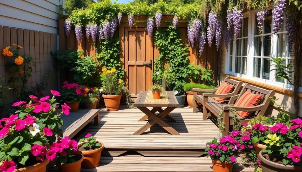 A quaint backyard patio adorned with colorful flowers and lush greenery. In the foreground, a wooden seating platform is surrounded by vibrant flower pots, including geraniums and petunias, adding splashes of pink and purple. The middle of the scene features a rustic wooden table set with a woven table runner and small potted succulents. In the background, a charming garden fence complements the cottage design, partially covered by climbing vines and blooming wisteria. The setting is bathed in soft sunlight, creating warm, inviting illumination and casting gentle shadows. Capture this serene atmosphere with a slight wide-angle view to encompass the cozy essence of this hidden retreat.