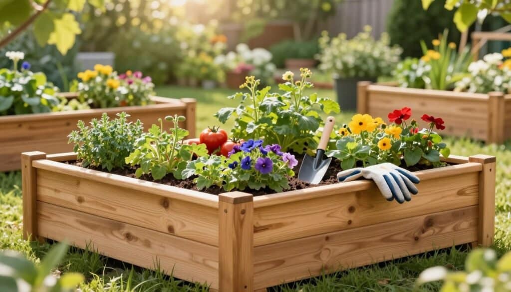 A realistic and inviting raised garden bed DIY scene, showcasing a freshly built plant divider box made from natural wood. In the foreground, the beautifully crafted divider box is filled with vibrant, healthy plants like tomatoes, herbs, and colorful flowers, neatly organized in sections. The middle ground features gardening tools such as a trowel and gloves, suggesting an active DIY project. The background shows a lush, green garden with soft sunlight filtering through tree leaves, creating an airy and bright atmosphere. The image captures a warm, inviting mood perfect for gardening enthusiasts, with soft shadows and highlights that enhance the textures of the wood and plants.