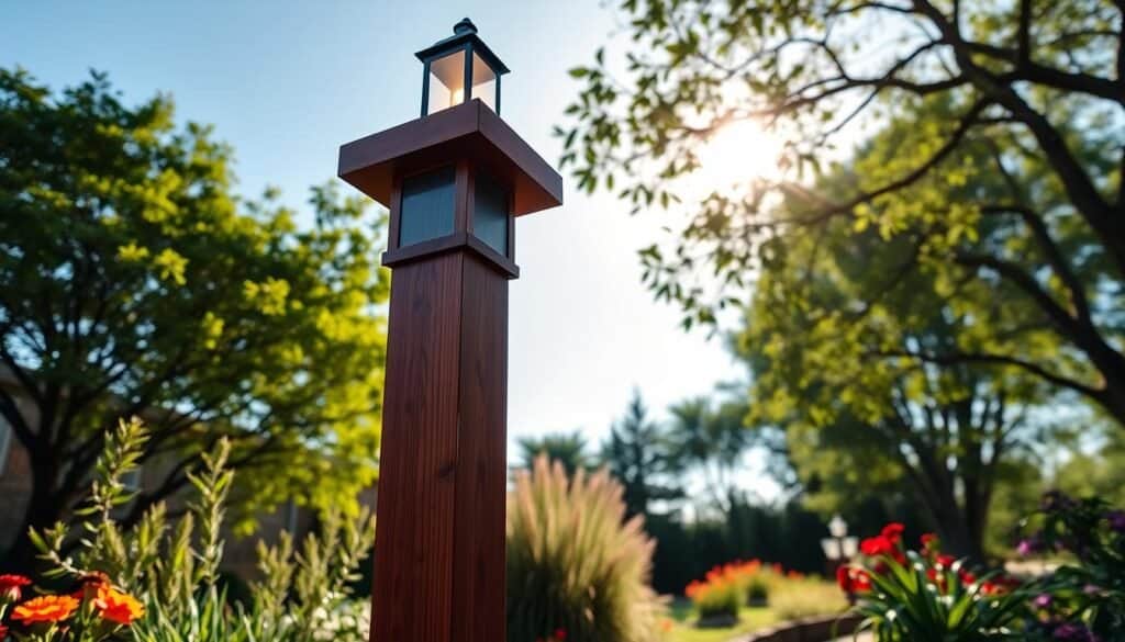 A realistic, detailed ipe wood lamppost standing proudly in a serene garden setting. In the foreground, the rich, dark brown hues of the ipe wood highlight its smooth grain and sturdy structure. The lamppost is elegantly designed, featuring a soft-glowing lantern at the top, casting warm light on the surrounding area. In the middle ground, lush greenery and colorful flowers gently frame the lamppost, enhancing its natural beauty. The background reveals a clear blue sky, with soft, diffused sunlight filtering through tree leaves, creating a tranquil atmosphere. The scene is captured from a slightly low angle, emphasizing the height and craftsmanship of the post while ensuring the mood is inviting and warm, perfect for an outdoor space.