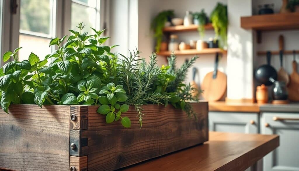 A rustic kitchen herb planter box overflowing with fresh, vibrant herbs such as basil, rosemary, and thyme. The planter is made from weathered wood, showing unique grain patterns and corners with small, delicate plant labels. In the foreground, an inviting, sunlit kitchen with soft sunlight streaming through a nearby window, illuminating the herbs. The middle ground features the herb planter placed on a wooden countertop adorned with cooking utensils. In the background, a cozy kitchen scene showcases rustic decor elements—shelves filled with spices, plants cascading down, and light-colored walls that enhance the airy atmosphere. Capture a warm, inviting mood, using a slightly elevated angle to emphasize the freshness and accessibility of home-grown herbs in the kitchen.