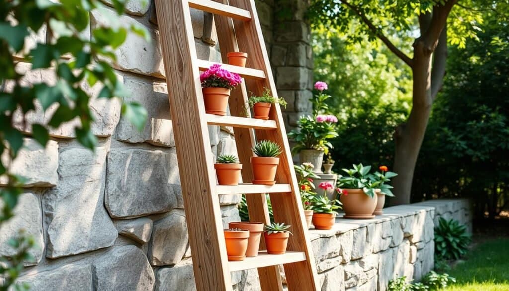 A rustic wooden ladder plant stand designed for outdoor use, displayed in a garden setting. The ladder, made of weathered wood with a natural finish, leans against a textured stone wall, showcasing several potted plants in vibrant colors. The lower shelves hold medium-sized terracotta pots filled with succulents, while the higher shelves feature cheerful flowering plants in ceramic pots. Soft, dappled sunlight filters through nearby trees, casting gentle shadows across the scene. The composition captures a sense of tranquility and harmony, inviting a feeling of warmth and creativity. The image is shot from a slightly low angle, enhancing the presence of the ladder while keeping the garden's lush greenery in the background, creating a serene atmosphere.