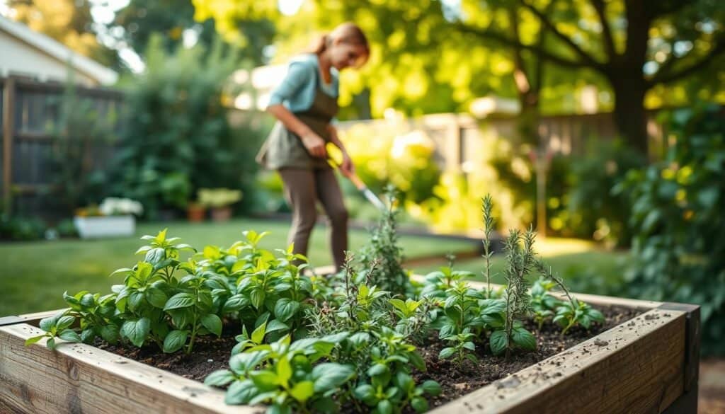 A serene and inviting backyard scene showcasing a well-maintained herb garden planter box. In the foreground, a beautifully constructed raised herb planter overflowing with vibrant green herbs like basil, rosemary, and thyme, highlighted by fresh soil and handmade wooden edges. In the middle ground, a person in modest casual clothing gently tending to the herbs using gardening tools, surrounded by lush greenery. The background features a sunlit garden with soft light filtering through trees, creating a peaceful atmosphere. The angle captures a slightly elevated view, enhancing the depth of the garden space. The overall mood is calm and nurturing, illustrating the joy of maintaining a thriving herb garden in a backyard setting.