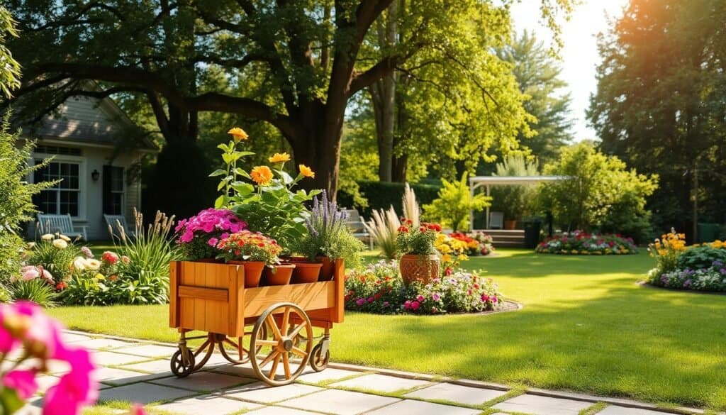A serene and inviting garden yard featuring a beautifully crafted DIY rolling plant cart filled with vibrant potted plants. In the foreground, the cart is made of warm wood and has wheels that glide easily, surrounded by lush greenery and colorful flowers. The middle ground showcases flowerbeds bursting with seasonal blooms and neatly trimmed grass, while the background reveals tall trees providing dappled sunlight. Soft sunlight filters through the leaves, creating a warm and welcoming atmosphere. The scene is captured in a wide-angle view, emphasizing depth, with a slight upward tilt to highlight the sky. The overall mood is peaceful and joyful, perfect for a lush garden setting.