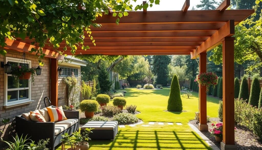 A serene backyard patio featuring a beautifully crafted wooden pergola adorned with climbing vines and hanging planters. In the foreground, a cozy seating area with stylish outdoor furniture and colorful cushions invites relaxation. The middle ground showcases a lush garden with flowering plants and manicured shrubs, seamlessly blending into the patio space. In the background, a gentle green lawn and tall trees provide a peaceful backdrop. The scene is awash in bright, natural light with soft sunlight filtering through the leaves, creating dappled shadows on the ground. The overall atmosphere is warm, inviting, and tranquil, perfect for long-term enjoyment in a landscaped oasis. The perspective is shot at a slightly elevated angle to capture the entire layout, emphasizing the harmony between the pergola and its surroundings.