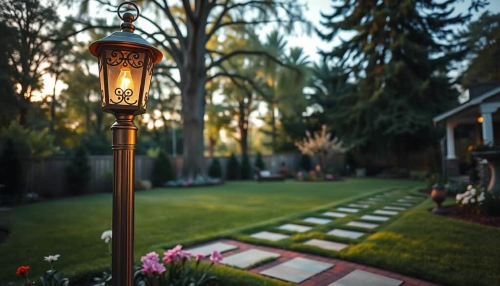 A serene backyard scene featuring an elegant lantern post as the focal point. In the foreground, the lantern post stands tall, made of brushed metal with intricate designs and a warm glowing bulb, casting soft light on the surrounding area. The middle ground showcases a neatly manicured lawn with blooming flowers and stone pathways leading to the lantern. In the background, tall trees gently sway, partially illuminated by the soft sunlight filtering through their leaves, creating a calming, inviting atmosphere. The scene is captured during the golden hour, enhancing the warmth and charm of the setting. The angle is slightly low, emphasizing the height of the lantern post and the inviting ambiance of a transformed backyard perfect for gatherings or quiet evenings.