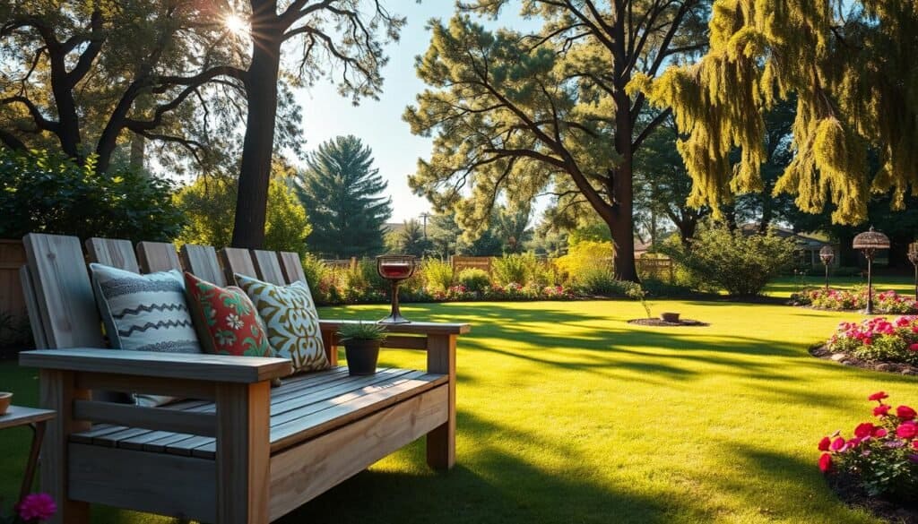 A serene backyard scene featuring homemade patio furniture designed for ultimate relaxation. In the foreground, a beautiful DIY garden bench made of weathered wood, adorned with soft, colorful cushions. Next to it, a small side table holds a refreshing beverage, with a potted plant adding a touch of greenery. The middle ground showcases a lush, manicured lawn, while flower beds in vibrant colors create a welcoming atmosphere. In the background, tall trees sway gently in a soft breeze under a bright, blue sky. The lighting is warm and inviting, with golden sunlight filtering through the leaves, casting gentle shadows. The mood is tranquil and inviting, perfect for enjoying peaceful moments outdoors.