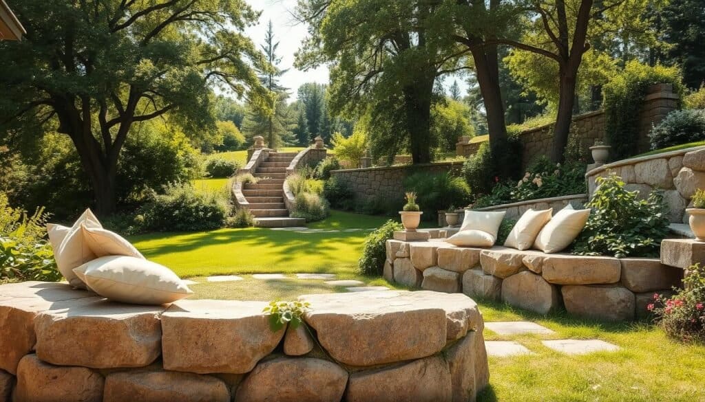 A serene backyard scene featuring rustic stone seating platforms. In the foreground, a well-crafted stone bench made of large, irregularly shaped boulders, showcasing earthy textures and colors. Scattered cushions in soft, natural tones add a cozy touch. In the middle ground, lush greenery surrounds the seating area, with climbing vines and flowering plants climbing over the stones. The background reveals a gentle slope with more subtle stone accents and tall trees basking in soft, dappled sunlight. The mood is tranquil and inviting, perfect for relaxation. The image should be captured in bright natural light, emphasizing warm tones, with an airy atmosphere that promotes a sense of peace and connection to nature.