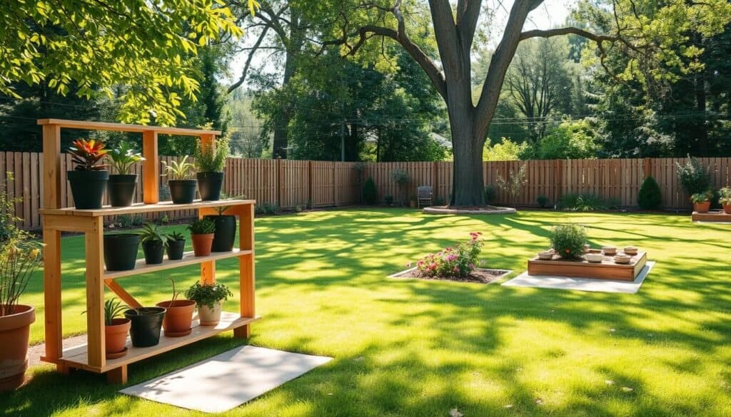 A serene backyard scene focused on safety considerations for garden structures. In the foreground, a sturdy DIY garden pot storage shelf made of natural wood, with potted plants neatly organized, showcasing proper height and stability. In the middle ground, a well-maintained lawn dotted with colorful flower beds bordered by soft safety mats to prevent falls. In the background, tall trees provide shade while a wooden fence adds privacy, all under bright, soft sunlight filtering through the leaves. Capture the scene from a slightly elevated angle, emphasizing the layout and organization, while maintaining a calm and inviting atmosphere. Overall, the image should evoke a sense of safety and harmony in a well-structured backyard space.
