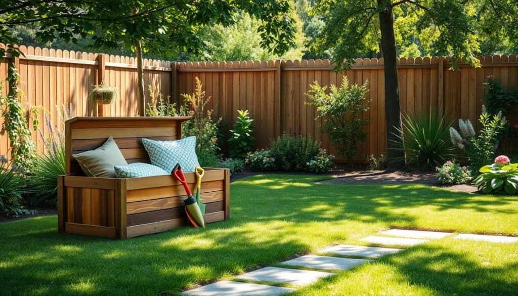 A serene backyard scene highlighting an outdoor storage box for garden tools and cushions. In the foreground, a beautifully crafted wooden storage box, adorned with soft cushions and garden tools peeking out, sits on a neatly manicured lawn. The middle ground features lush greenery, flowering plants, and a stone pathway that leads to the box, creating an inviting atmosphere. In the background, a wooden fence enhances the privacy of the space, partially shaded by overhanging trees. The lighting is bright and natural, with soft sunlight casting gentle shadows, evoking a relaxing summer day. The overall mood is tranquil and organized, perfect for DIY enthusiasts seeking inspiration for their outdoor storage solutions.