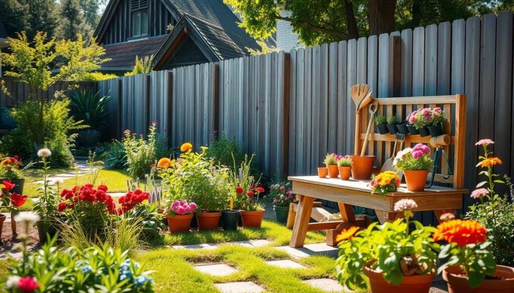 A serene backyard scene perfect for a potting bench, featuring a rustic wooden potting bench nestled against a backdrop of vibrant flower beds and potted plants. In the foreground, the bench is adorned with gardening tools and colorful pots filled with blooming flowers. The middle ground showcases lush greenery and a small path leading to the bench, inviting and functional. In the background, a wooden fence and a few tall trees filter soft sunlight, creating a warm, inviting atmosphere. The lighting is bright and natural, illuminating the scene with a cheerful, airy feel. The angle captures the bench at eye level, enhancing the sense of depth while ensuring clarity and vibrancy in the overall composition.