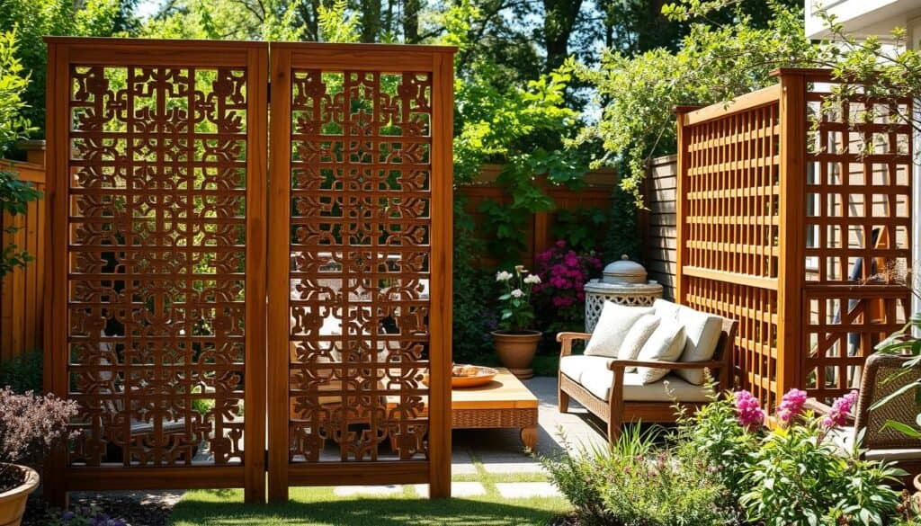 A serene backyard scene showcasing beautifully crafted wood garden screens that provide privacy. In the foreground, focus on a pair of elegantly designed wooden lattice screens, featuring intricate patterns and natural finishes. The middle ground features a cozy seating area adorned with comfortable, rustic furniture, highlighting an inviting atmosphere. In the background, lush greenery and flowering plants create a vibrant contrast against the warm wood tones. The lighting is bright and natural, with soft sunlight illuminating the scene, enhancing the textures of the wood and the foliage. The overall mood is peaceful and inviting, perfect for an intimate garden retreat. The composition should capture a wide-angle view, showcasing the beautiful integration of the screens within a carefully curated garden space.