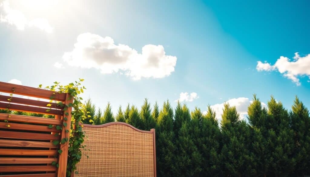 A serene backyard scene showcasing various types of outdoor privacy screens. In the foreground, a wooden slatted privacy screen with trailing vines enhances the natural aesthetic, while a bamboo screen provides a contrasting texture beside it. In the middle ground, a tall hedgerow of evergreen shrubs creates a lush barrier, adding depth to the image. The background features a bright blue sky with soft, fluffy clouds and warm sunlight filtering through, illuminating the scene with a relaxing ambiance. The overall mood conveys tranquility and seclusion, inviting viewers to envision their own personal outdoor oasis. The composition should focus on a wide-angle view, emphasizing the different screen styles elegantly integrated into the backyard environment. The lighting is bright and natural, showcasing vivid colors and shadows.