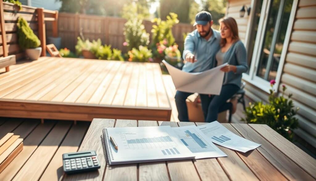 A serene backyard setting featuring a partially completed deck upgrade, showcasing a cost estimation scene. In the foreground, a stylish wooden deck under construction, with a variety of quality materials like timber and composite boards neatly arranged. A notebook with a budget calculation lies atop a wooden table, alongside a calculator and an architectural plan, illuminated by soft, natural sunlight streaming in. The middle layer displays a couple dressed in professional casual attire, pointing at the plans while discussing costs and options, exuding a sense of collaboration. The background depicts a charming garden with greenery and flowers, further enhanced by bright, airy light, creating an inviting and optimistic atmosphere, ideal for a home improvement project.