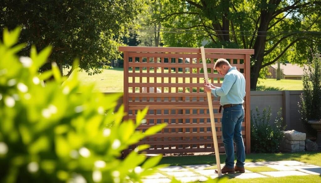 A serene backyard setting featuring the installation of a privacy screen, with vivid greenery surrounding the area. In the foreground, a professional in modest casual clothing is measuring and cutting materials for the screen, demonstrating best practices. The middle ground showcases a partially completed wooden privacy screen, highlighting tips for construction and installation. The background is a sunny landscape with soft sunlight filtering through trees, casting gentle shadows on the ground. The atmosphere is calm and focused, emphasizing a sense of preparation and expertise. The scene is well-lit, reflecting a natural and inviting environment for DIY home improvement projects.