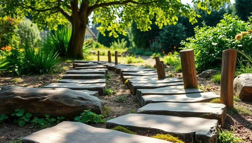 A serene garden path composed of rustic log stepping stones, with uneven surfaces and natural textures, gently winding through lush greenery. The foreground features a close-up of several logs embedded in soft, earthy soil, surrounded by clover and moss. In the middle ground, small timber marker posts rise beside the path, each uniquely shaped and weathered, showcasing their organic charm. Bright natural light filters through leafy tree branches overhead, casting soft, dappled shadows on the ground. The background reveals a vibrant garden scene, with colorful flowers and dense shrubbery creating a peaceful, inviting atmosphere. The overall mood is serene and harmonious, perfect for a cozy backyard retreat.
