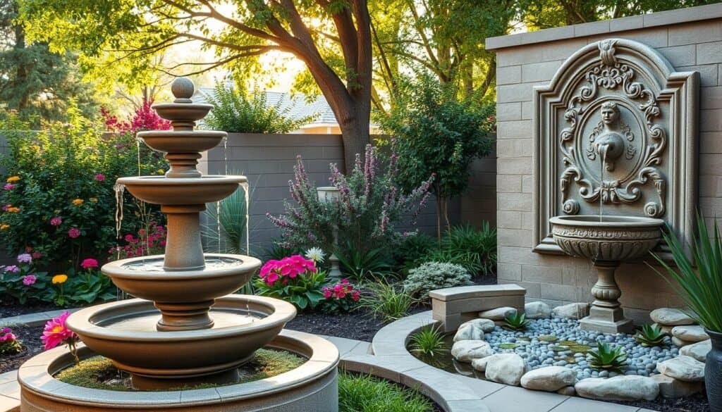 A serene garden patio scene featuring various stylish fountain ideas designed for small backyard spaces. In the foreground, a modern tiered fountain with smooth stone finishes, surrounded by colorful flowering plants and greenery, gently trickling water. In the middle ground, an elegant wall-mounted fountain adorned with intricate carvings, flowing into a small pond filled with pebbles and aquatic plants. In the background, lush trees and shrubs create a tranquil, natural setting, illuminated by soft, warm sunlight filtering through the leaves, casting gentle shadows on the ground. The overall mood is peaceful and inviting, perfect for serene outdoor relaxation.