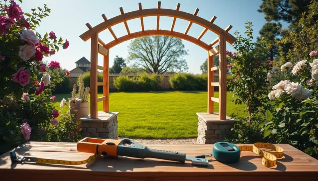 A serene garden scene featuring a half-constructed wooden archway, surrounded by blooming flowers and green foliage. In the foreground, tools like a saw and measuring tape lie on a wooden workbench, emphasizing the DIY aspect. The middle ground showcases the intricately detailed archway, crafted from treated cedar, with clear-cut stone bases and a trellis design ready for climbing plants. In the background, a lush lawn stretches toward a blue sky, with soft sunlight illuminating the scene, casting gentle shadows. The overall mood is peaceful and inviting, perfect for contemplating garden design. The image should have a clear depth of field, capturing the fine textures of wood and plants, and an inviting atmosphere that encourages creativity and planning.