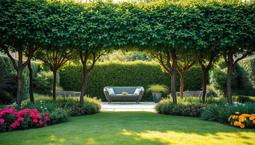 A serene garden scene featuring an elegant row of pleached trees, forming a natural living wall that provides privacy for a cozy seating area. In the foreground, lush green grass and well-tended flower beds in vibrant colors add life and texture. The middle layer showcases carefully structured pleached trees with dense, leafy canopies creating an inviting green archway, their trunks neatly aligned for a sophisticated look. In the background, soft sunlight filters through the leaves, casting gentle shadows on the ground, enhancing the tranquil atmosphere. The overall mood is peaceful and refreshing, with bright natural light illuminating the scene, ideal for a backyard oasis. The image captures a perfect blend of nature and garden design.