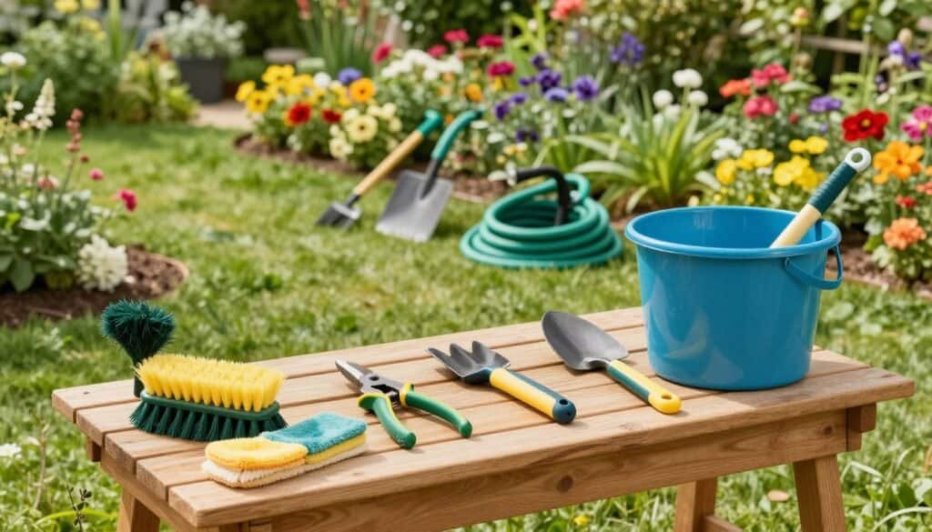 A serene garden scene showcasing a dedicated cleaning station for various garden tools. In the foreground, a wooden workbench is neatly organized with brushes, buckets, and various hand tools like pruners and trowels, all arranged by type. The middle ground features a vibrant assortment of freshly cleaned tools and a small garden hose coiled neatly. Lush greenery surrounds the scene, with colorful flower beds in bloom adding a pop of color. Bathed in bright, soft sunlight, the atmosphere feels fresh and inviting, emphasizing a sense of order and cleanliness. The angle is a slightly elevated view, allowing for an expansive perspective of the cleaning zone, highlighting the importance of separation for different tool types.