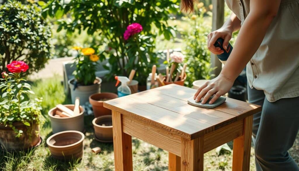 A serene garden scene showcasing a wooden side table undergoing maintenance. In the foreground, a person in modest casual clothing is carefully sanding the surface of the table, with tools like a sandpaper and a small brush nearby. The table features a rich, natural wood grain, and there are visible patches of fresh varnish on its surface. In the middle ground, potted plants with vibrant flowers add color and life, while various garden tools and cleaning supplies are neatly organized. The background reveals a lush, green garden with sunlight filtering through leaves, casting soft shadows. Capture the scene with bright, natural light to emphasize the fresh, airy atmosphere, shot from a slightly angled perspective to highlight both the table and the surrounding nature.