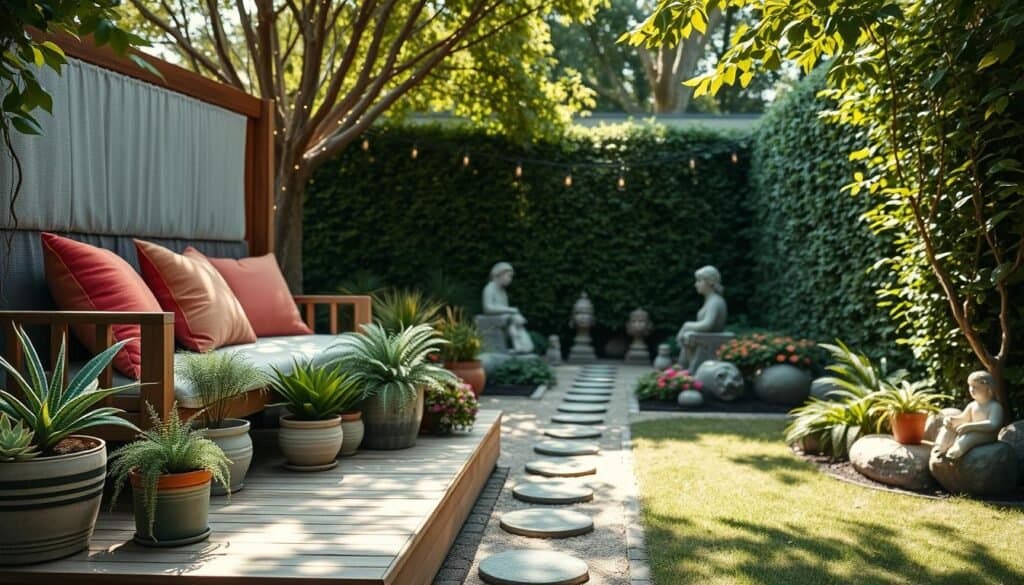 A serene garden scene showcasing aesthetic decor designed for relaxation. In the foreground, a beautifully crafted wooden seating platform adorned with plush cushions and vibrant throw pillows invites tranquility. Lovely potted plants flank the seating area, including ferns, succulents, and colorful flowers. The middle ground features a charming path lined with decorative stones, leading to unique garden sculptures and whimsical fairy lights strung between trees, enhancing the magical atmosphere. In the background, a lush green hedge provides privacy, while soft sunlight filters through leaves, creating dappled shadows on the ground. The overall mood is inviting and peaceful, perfect for a cozy retreat, captured with a soft focus lens to emphasize the warm, airy ambiance of this garden oasis.