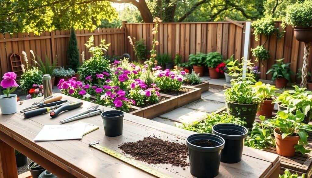 A serene garden space showcasing a detailed area measurement setup for a potting bench. In the foreground, a well-organized workbench featuring tools, potting soil, and flower pots, with a tape measure and a notepad highlighting dimensions. In the middle, beautiful garden beds bursting with vibrant flowers and lush greenery, complementing the workspace. The background features a charming wooden fence and potted herbs, illustrating a functional garden layout. The scene is bathed in bright, natural light with soft sunlight filtering through tree leaves, creating a warm, inviting atmosphere. The angle is slightly elevated, providing a comprehensive view of the garden dimensions, conveying a sense of organization and planning for a DIY potting bench.