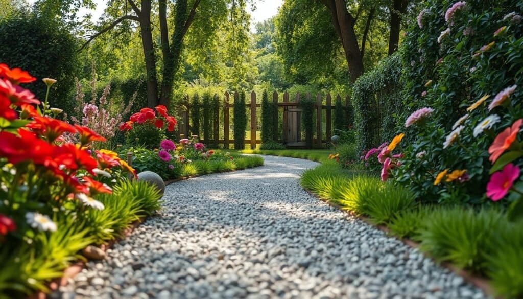A serene garden walkway featuring a winding gravel path surrounded by vibrant flowers and lush greenery. In the foreground, smooth gravel stones create a defined pathway, flanked by neatly arranged flower beds with colorful blooms. The middle ground showcases a gently meandering path, lined with small decorative stones and soft, green grass. In the background, a quaint wooden fence adds charm, partially covered by climbing vines. The scene is illuminated by bright, natural sunlight filtering through tree leaves, casting soft shadows on the walkway. The atmosphere is peaceful and inviting, ideal for a cozy garden retreat. The perspective is eye-level, capturing the inviting nature of the path, emphasizing its importance in connecting spaces within a garden.