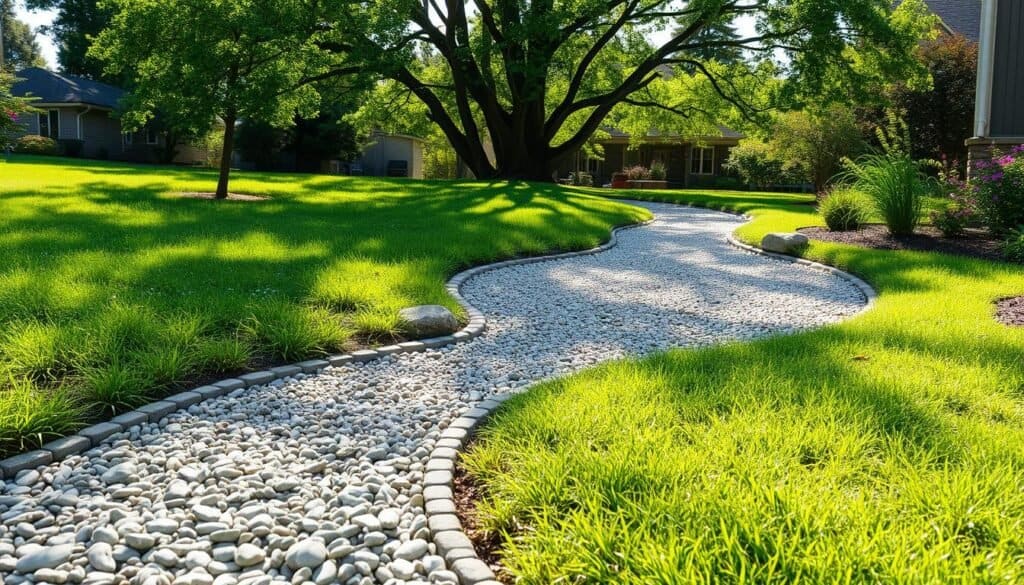 A serene gravel garden path winding through a landscaped yard, showcasing effective drainage solutions. In the foreground, smooth, well-placed pebbles form a structured path, bordered by lush green grass and low-growing flowering plants. The middle ground features a slight slope, illustrating effective water runoff, with a small dry creek bed nearby filled with larger stones to guide excess water. In the background, a cluster of trees casts dappled sunlight, creating a warm, inviting atmosphere. The scene is captured in bright, natural light, with soft sunlight filtering through leaves, enhancing the textures of the gravel and plants. Use a wide-angle lens for depth, focusing on the intricate details of the path and the natural elements surrounding it.