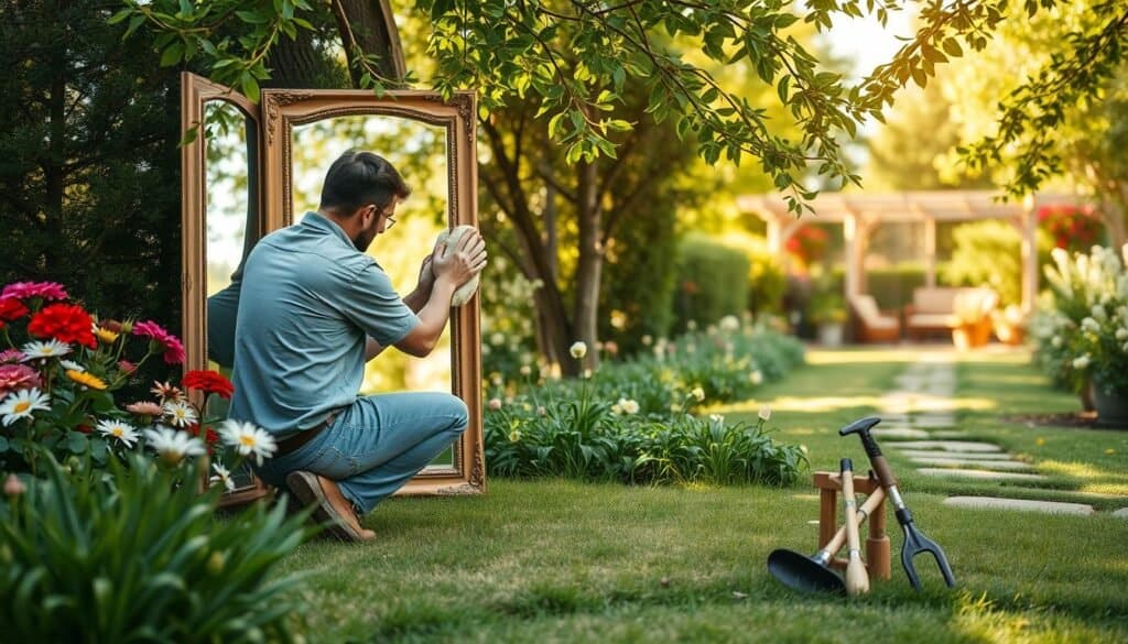 A serene outdoor garden scene focused on a person maintaining an elegant outdoor mirror frame. The foreground features a mid-30s individual dressed in modest casual clothing, gently wiping the mirror’s surface while kneeling on a soft patch of grass. In the middle background, the beautifully framed mirror is surrounded by vibrant flowers, lush greenery, and softly illuminated by warm, diffused sunlight filtering through overhanging branches. To the right, a small garden toolset is neatly arranged, emphasizing a sense of DIY maintenance. In the distance, an inviting garden path leads towards a cozy seating area, enhancing the peaceful atmosphere. The overall mood is relaxed and creative, perfect for a sunny day dedicated to enhancing outdoor decor.