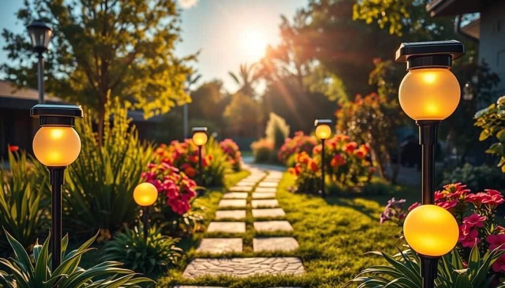 A serene outdoor garden scene showcasing several elegant solar post lights illuminating a cozy pathway. In the foreground, the post lights have sleek, contemporary designs with warm, soft glow emanating from their frosted glass orbs, casting gentle illumination on the surrounding ground. In the middle background, vibrant green plants and colorful blooming flowers add life and contrast to the scene, while a textured stone pathway leads the viewer's eye deeper into the garden. The background features a clear blue sky with soft, golden sunlight filtering through trees, creating an idyllic atmosphere. The entire scene is bathed in natural light, emphasizing the eco-friendly and inviting essence of the garden. Use a wide-angle perspective to capture the expansive beauty of the outdoor space.