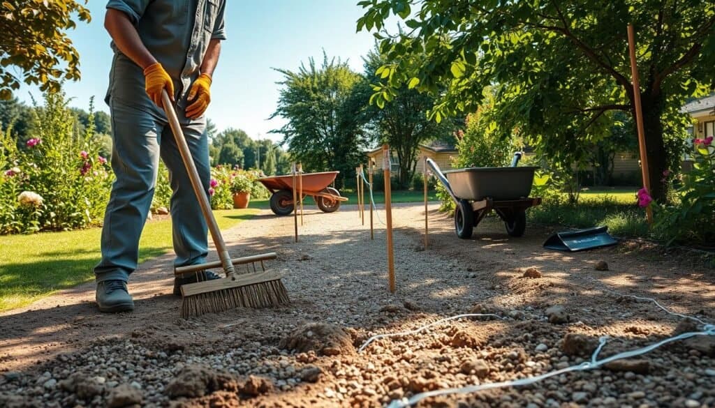 A serene outdoor scene depicting the preparation of ground for a gravel path. In the foreground, a worker in modest casual clothing, wearing gloves and a sun hat, carefully rakes loose soil with a wooden rake, smoothing out the surface. The middle ground features a partially marked pathway with stakes and string indicating the future gravel layout. Some tools, like a wheelbarrow and a shovel, are neatly placed nearby. In the background, a lush garden with flowering plants and a clear blue sky provides a tranquil atmosphere. Soft sunlight filters through the leaves, creating warm shadows and enhancing the vivid colors of the scene. The image conveys a sense of diligent preparation and peaceful outdoor labor.