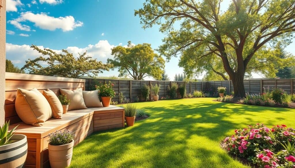 A serene outdoor scene featuring cozy corner seating made from natural wood, adorned with soft, plush cushions in light earth tones. The foreground includes a rustic wooden bench seamlessly integrated into the garden landscape, accented by potted plants and small flower arrangements enhancing the warmth. In the middle ground, the seating area is surrounded by a lush green lawn and vibrant flowerbeds, inviting relaxation. The background showcases a clear blue sky with gentle clouds and several trees providing dappled sunlight, creating a calm and inviting atmosphere. Capture this image with bright natural light streaming in, emphasizing the soft textures and peaceful garden vibe, using a slightly elevated angle for a comprehensive view. The mood should convey tranquility and comfort, perfect for a backyard retreat.