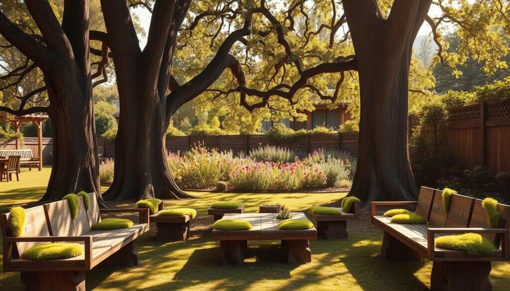 A serene outdoor setting featuring nature-inspired seating arranged around majestic trees. In the foreground, rustic wooden benches made from reclaimed wood, adorned with soft, green moss, invite relaxation. The middle ground showcases tall, leafy trees, their branches creating a lush canopy above, filtered sunlight casting gentle shadows on the ground. In the background, a vibrant garden filled with colorful wildflowers enhances the tranquil atmosphere. The scene is bathed in warm, soft sunlight, creating a sense of calm and serenity. Capture this idyllic setting from a slightly elevated angle to emphasize the natural beauty, highlighting the harmonious blend of furniture and nature, perfect for backyard relaxation.