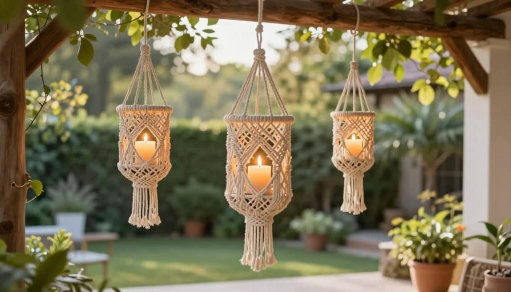A serene outdoor setting showcasing exquisite bohemian macrame hanging candle holders, gracefully suspended from a rustic wooden beam. The foreground features intricate knotting patterns, with flickering candles illuminating the soft, warm light. In the middle ground, lush greenery and vibrant potted plants create a cozy patio ambiance, accentuated by the gentle sway of the candle holders in a light breeze. The background features a blurred view of a sunlit backyard, enhanced by dappled sunlight filtering through tree leaves. Capture this scene with a warm, inviting atmosphere, using soft focus to convey tranquility. The image is well-lit, evoking a serene, charming feel, perfect for enhancing outdoor decor ideas.