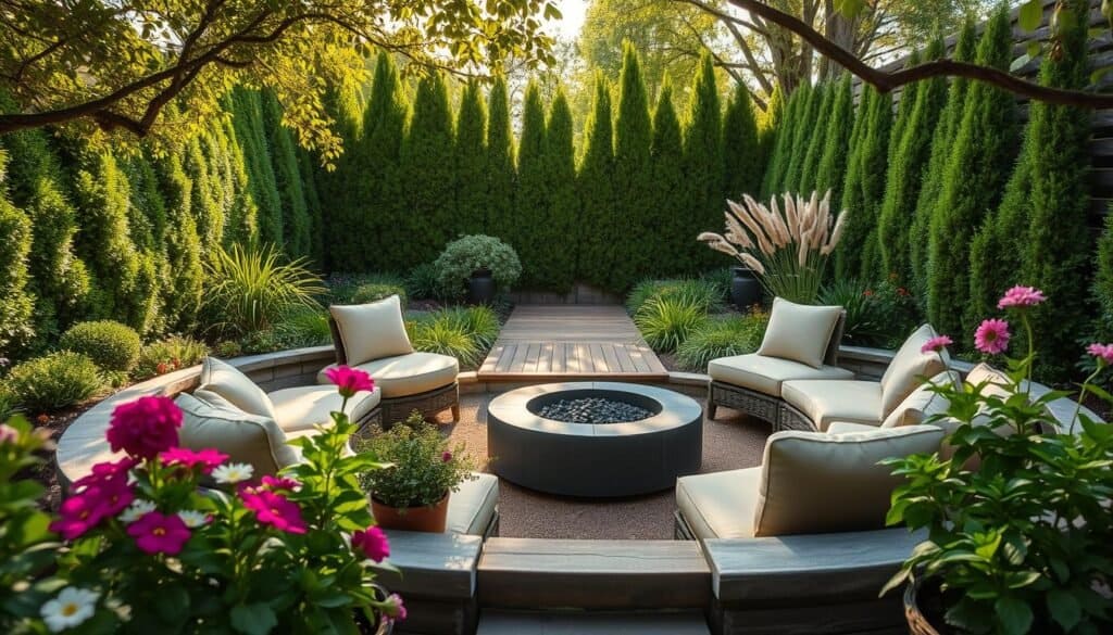 A serene sunken seating area garden nestled in a lush backyard, featuring circular, cushioned seating arranged around a central fire pit. The foreground showcases vibrant potted plants and flowers in bloom, while the plush seating creates an inviting atmosphere for relaxation. In the middle ground, a rustic wooden deck extends into the sunken area, surrounded by verdant greenery and ornamental grasses, enhancing the sense of privacy. The background reveals tall privacy hedges and trees, creating a secluded retreat. Soft sunlight filters through the branches, casting gentle shadows and illuminating the space with a warm, inviting glow. The mood is peaceful and tranquil, ideal for outdoor leisure and gatherings.