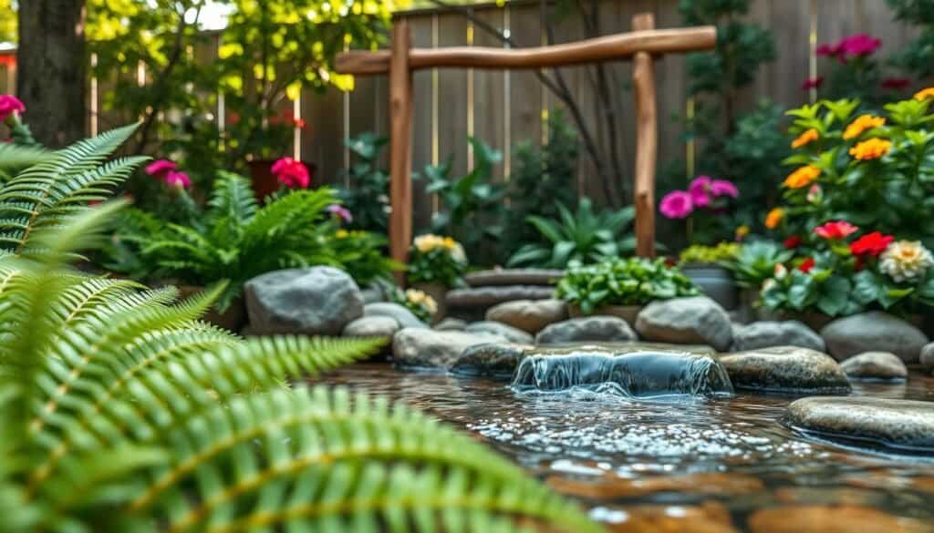 A serene tranquil garden featuring a charming water feature, set in a cozy small backyard. In the foreground, delicate ripples of water cascade gently over smooth stones, surrounded by lush green ferns and colorful blooming flowers, creating a vibrant yet calming atmosphere. The middle ground displays a rustic wooden frame supporting the water feature, blending seamlessly with nature, highlighting DIY craftsmanship. In the background, soft sunlight filters through leafy trees, casting gentle shadows and illuminating the scene, enhancing the peaceful vibe. Capture the image with a shallow depth of field to emphasize the water feature, evoking a soothing and harmonious mood that invites relaxation and contemplation in a small outdoor space.