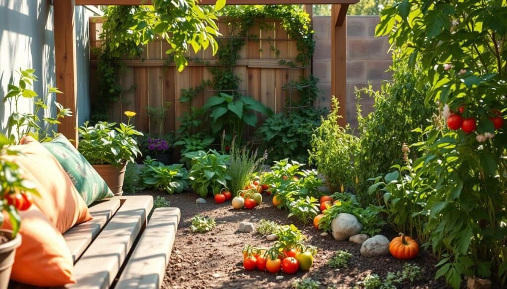 A serene vegetable garden seating area designed for relaxation, featuring a rustic wooden bench surrounded by thriving plants and colorful vegetables. In the foreground, the bench is adorned with soft, colorful cushions, inviting a comfortable spot for sitting. The middle ground reveals a lush garden filled with tomatoes, peppers, and leafy greens, interspersed with decorative stones and flowering herbs, enhancing the cozy atmosphere. In the background, a wooden trellis supports climbing plants, adding depth to the scene. The composition is bathed in bright, natural light with soft sunlight filtering through leaves, creating playful shadows. The mood is tranquil and inviting, perfect for productive relaxation in a DIY garden setting.