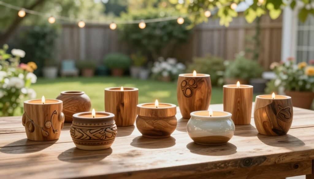 A set of beautifully handcrafted candle holders made from natural wood and glazed ceramics, arranged on a rustic wooden table. The foreground features a variety of shapes and sizes, showcasing unique designs with intricate carvings and smooth finishes. In the middle ground, soft, warm candlelight flickers in the holders, casting gentle shadows and creating a cozy atmosphere. The background reveals a lush, green backyard with blooming flowers and fairy lights strung above, enhancing the outdoor decor. The scene is illuminated by bright, natural sunlight and soft sunlight filters through the trees, adding an airy feel. The overall mood is inviting and tranquil, perfect for a serene outdoor living space.