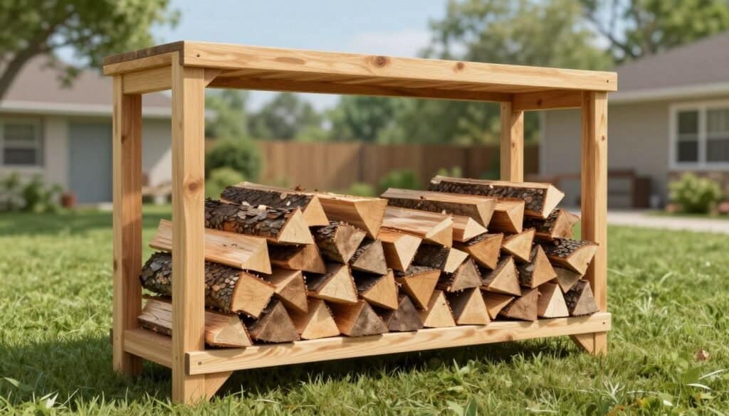 A simple outdoor firewood rack constructed from sturdy wooden beams, elegantly organized and neatly stacked with an assortment of firewood logs. In the foreground, the rack is the focal point, showcasing a variety of lengths and types of wood, all arranged in a tidy manner. The middle ground features a lush green lawn, enhancing the sense of organization and tranquility. In the background, subtle hints of a suburban backyard with trees and a soft blue sky can be seen. Bright natural light filters through, casting soft shadows, creating an inviting atmosphere. The overall mood conveys order and simplicity, perfectly illustrating how a basic rack can transform a messy pile into a clean and attractive storage solution.